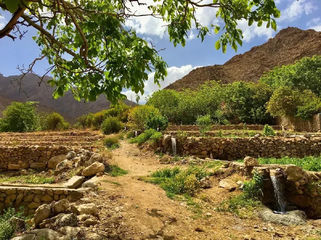 مسیر خاکی و جوی آب میان دیوارهای سنگی و درختان سبز در پای کوه‌ها